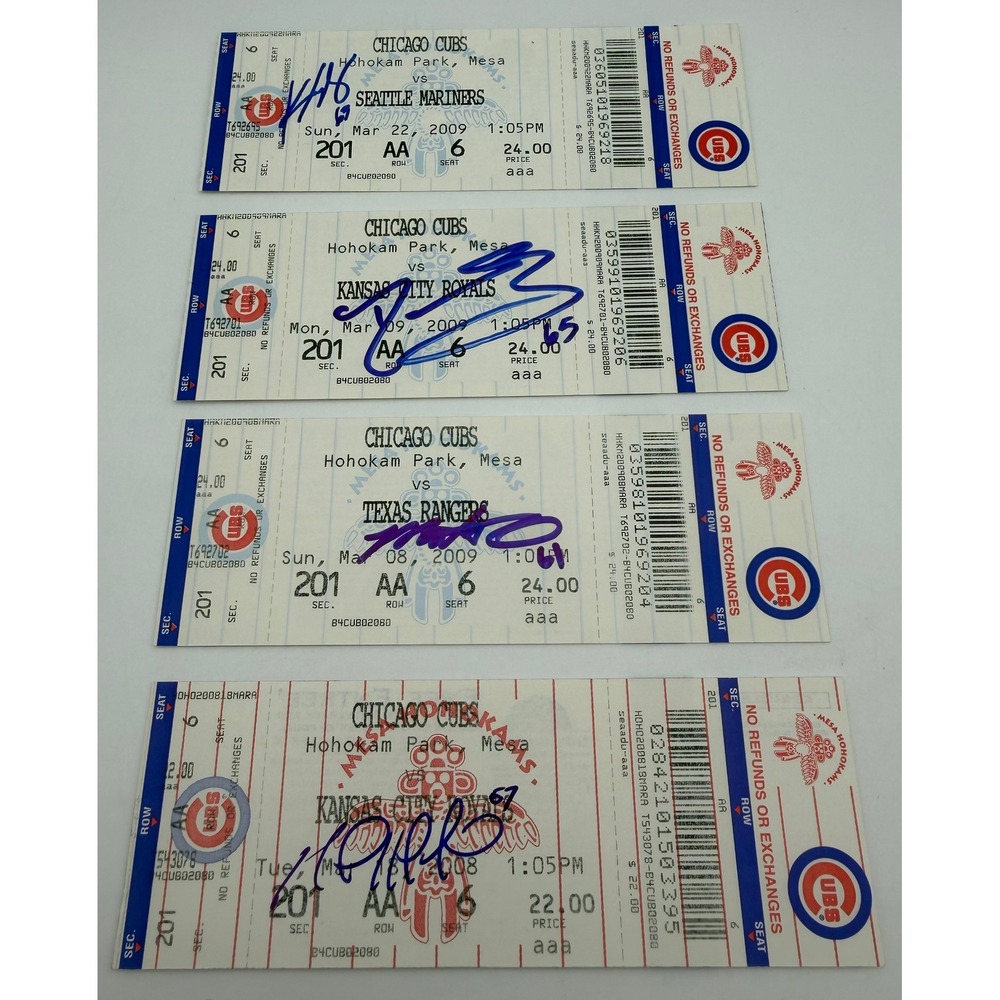 Chicago Cubs Signed Ticket Stubs 2008 2009 Spring Training Lot of 4 F565